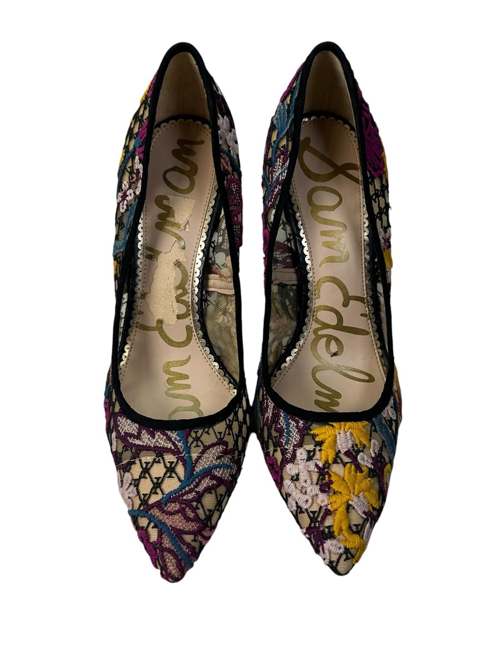 Sam Edelman Hazel Pointed Toe Pumps Mesh Floral Embroidered Stiletto Heel Sz 9.5